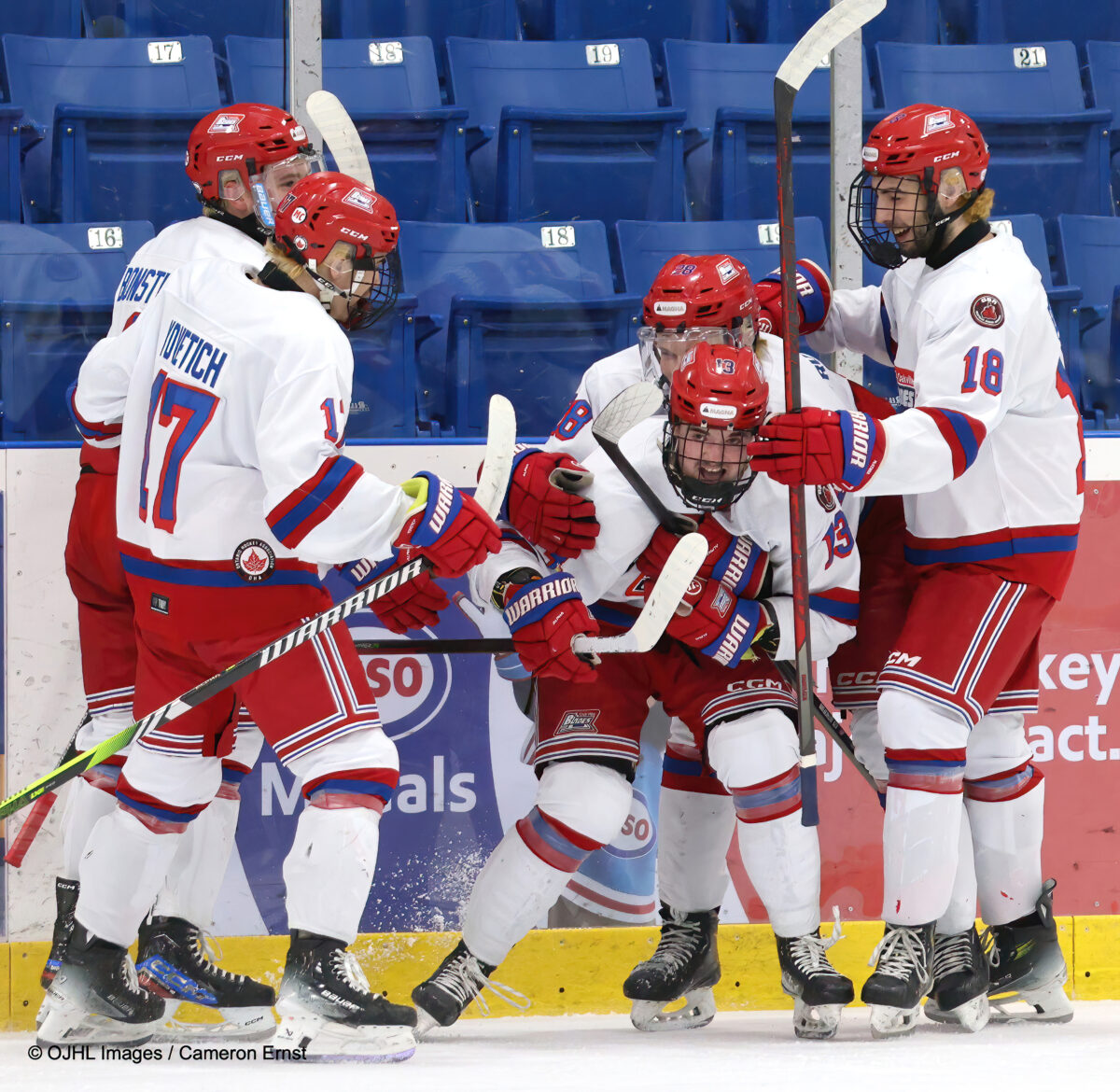 OAKVILLE, ON - MARCH 27: The Oakville Blades celebrate a goal during the first period at the Sixteen Mile Sports Complex on March 27, 2024 in Ontario, Canada (Photo by Cameron Ernst / OJHL Images)